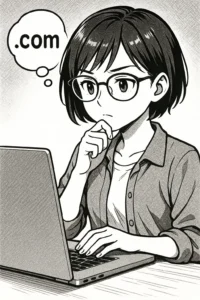 一個女生正在思考要用.com的'網址嗎