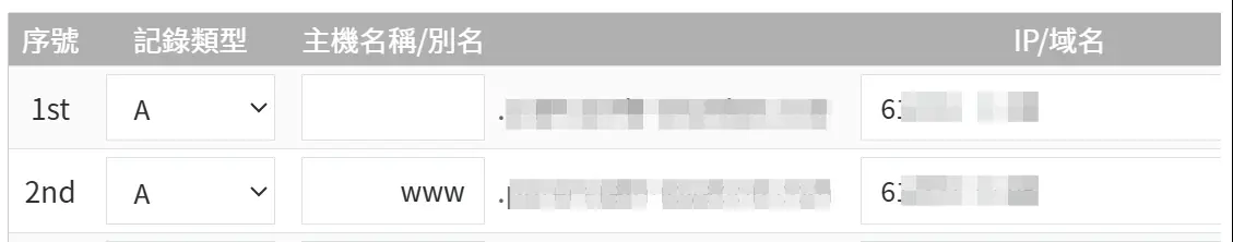 DNS A 紀錄設定畫面